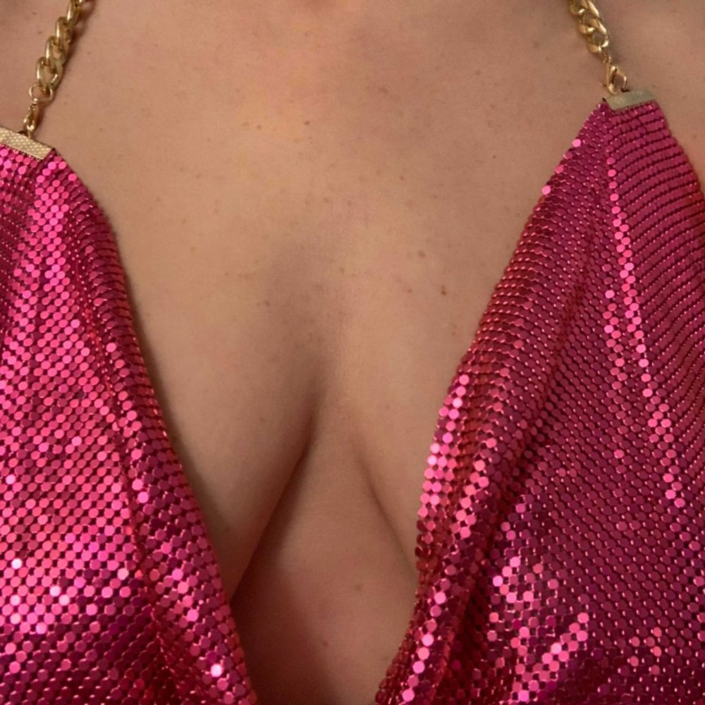 Drape Neck Backless Chain Strap Split Thigh Glitt… - image 8